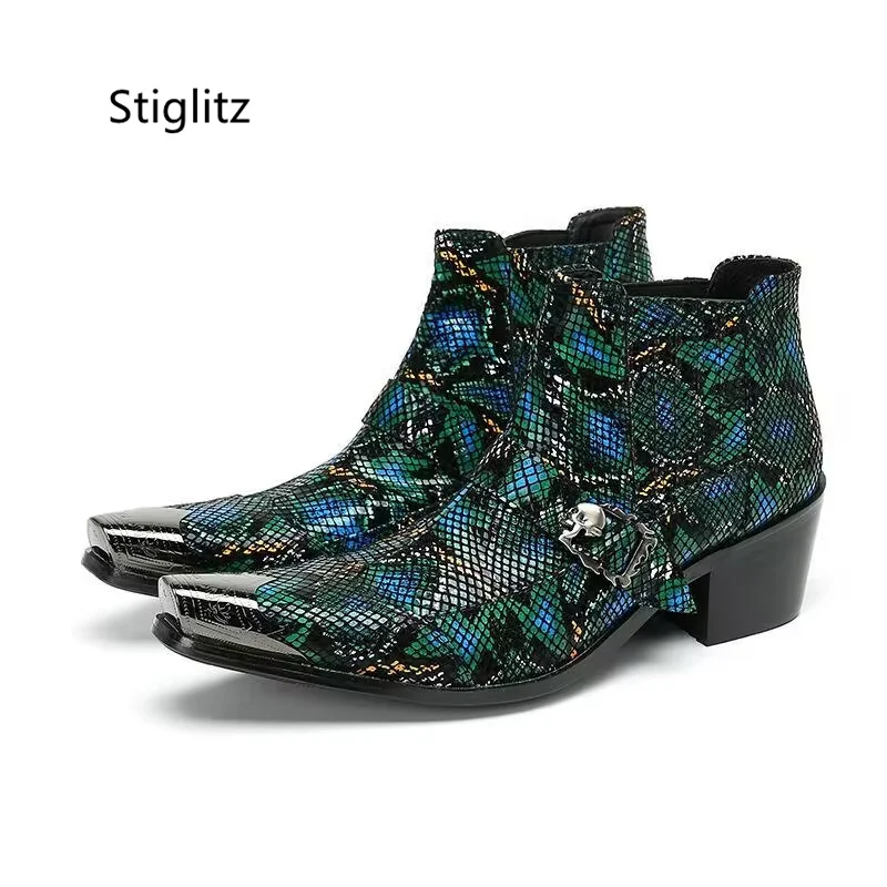 Belt Buckle Print Graffiti Ankle Boots Mixed Colors Slip On Men\'s Genuine Leather Chelsea Boots Metal Decor Man High Heels Shoes