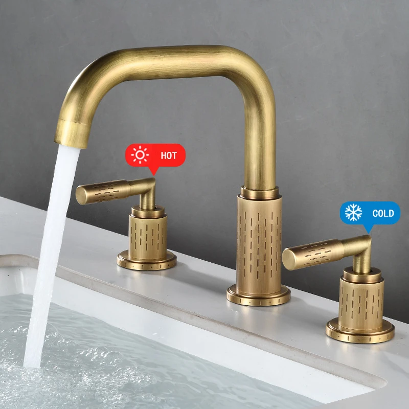 Three-hole Basin Faucet Bathroom Hot Cold Mixer Copper Split Tap Deck Mount Double Handle 360 Degree Rotation Splash-proof Crane