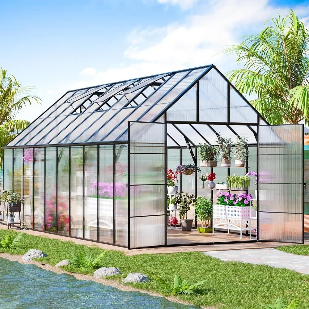 20x10x10 FT Greenhouse, Thicker Aluminum Heavy Duty Polycarbonate Greenhouse Kit W/4 Vent Window, Walk-in Green House