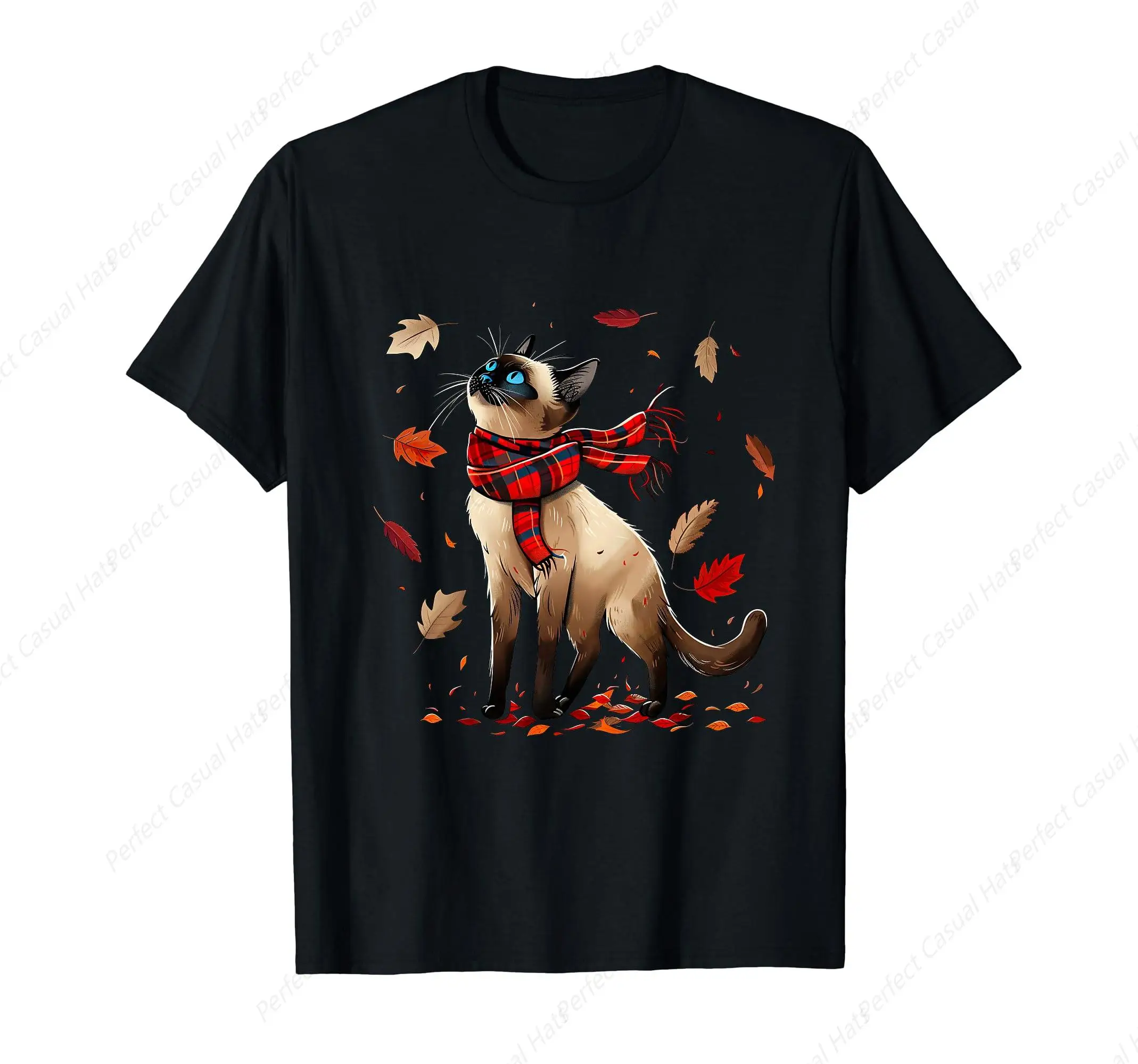 Retro Fall Leaf Siamese Cat Autumn Season Thanksgiving  T-Shirt  Casual O-Neck Printed  High Quality Tees Top