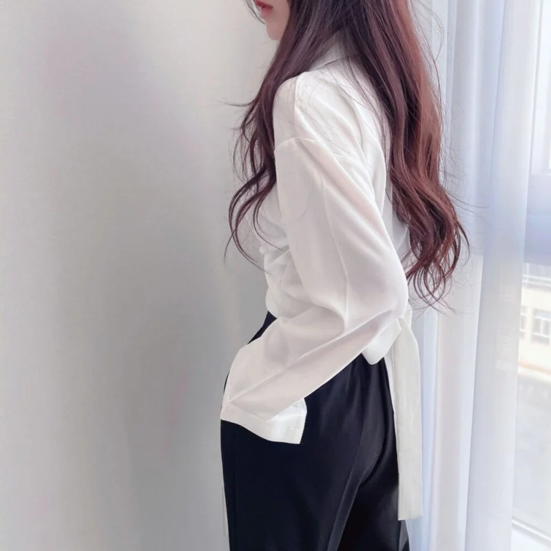 Women Chiffon Shirt Long Sleeve Back Tie Bowknot Waist Closing Unique Chic Short Small Tops