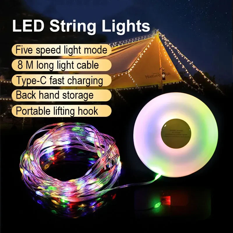 USB Rechargeable Camping Light 10meter Light String Outdoor Tent Light RGB Atmosphere Light XTE LED Flashlight with Magnet Hook