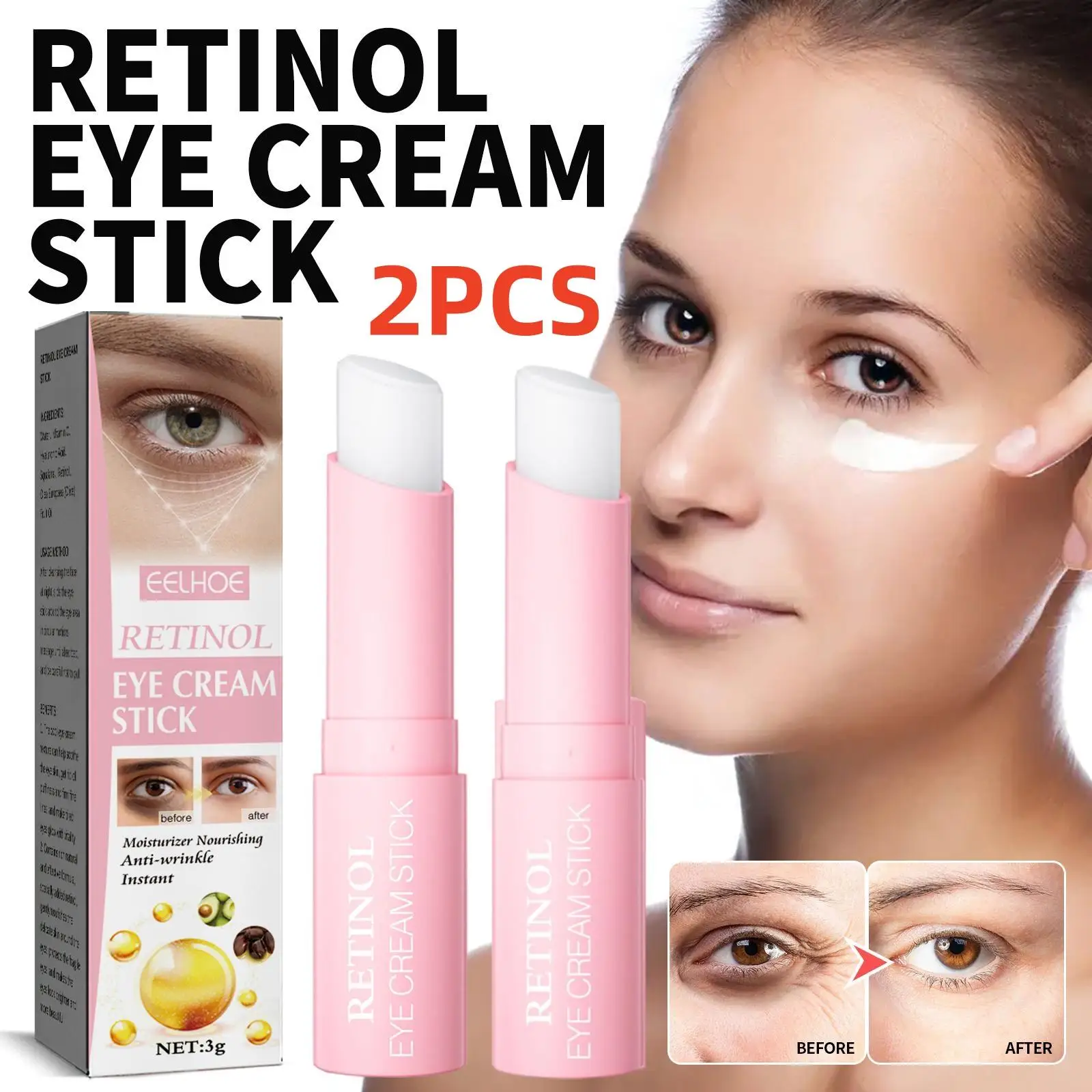 2PCS Retinol Eye Cream For Face Lifting Moisturizing Balm Stick Anti-Wrinkle Anti-Puffiness Remove Dark Circles Eye Bags Care