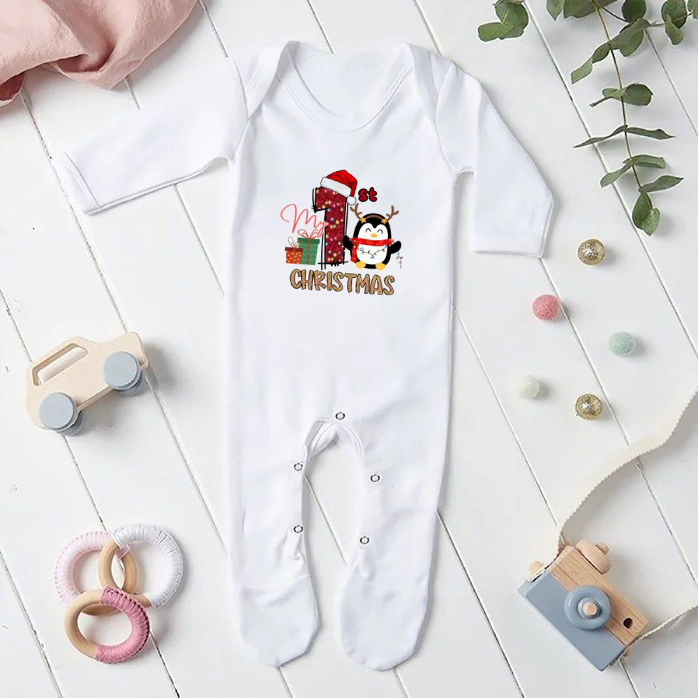 Baby Babygrow mój pierwszy świąteczny kombinezon z nadrukiem strój świąteczny maluch z długim rękawem Romper ubranka dla niemowląt body dla noworodka