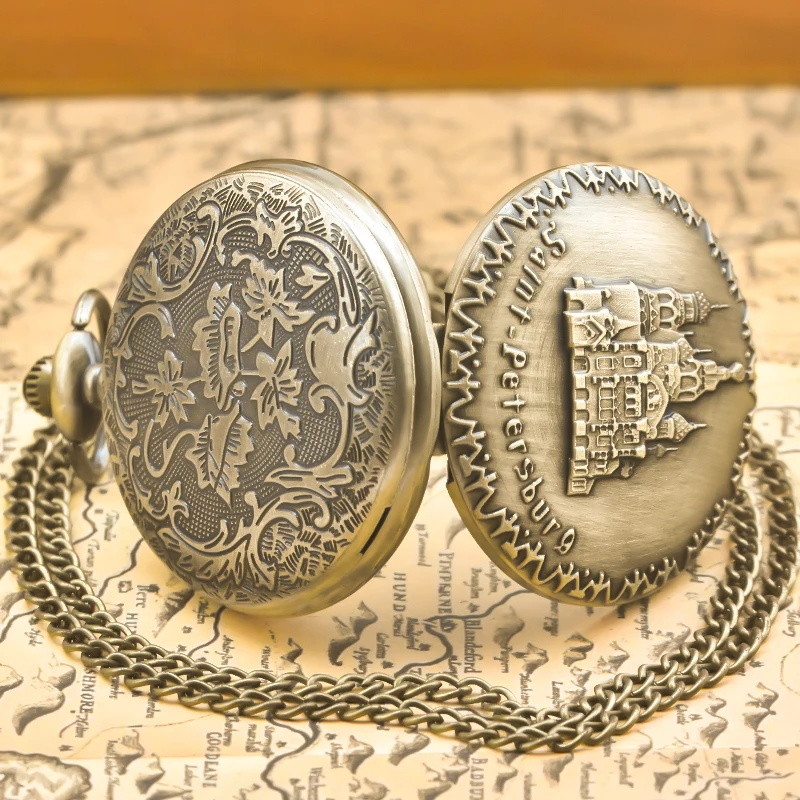 빈티지 청동 Steampunk 상트페테르부르크 조각 된 석영 주머니 시계 목걸이 펜던트 시계 체인 남성 여성 체인 선물