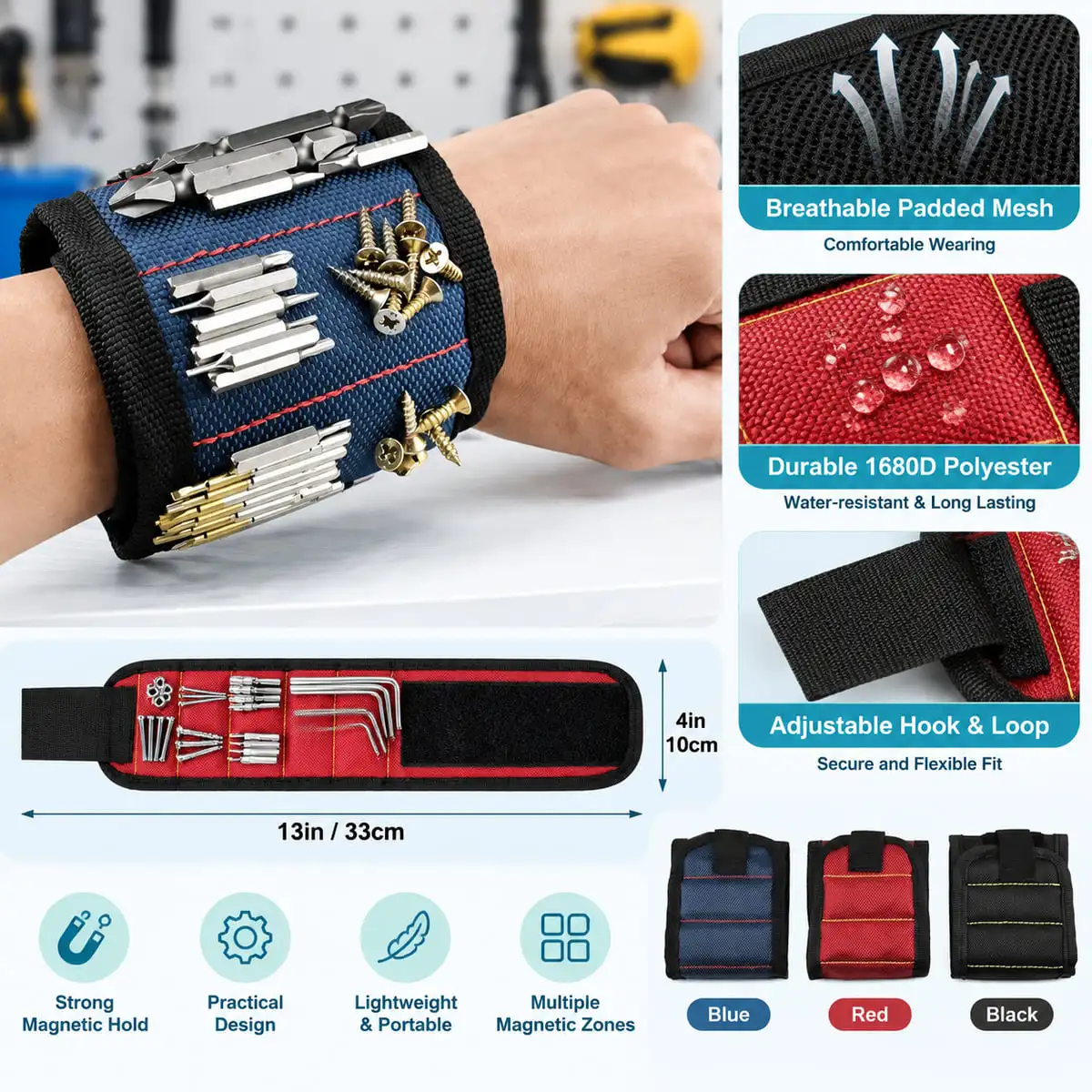LANKE 1PC Magnetic Tool Wristband for Screws Nails Nuts Drill Bits Adjustable Hands Free Home Repair Organizer Black Red Blue gallery 3