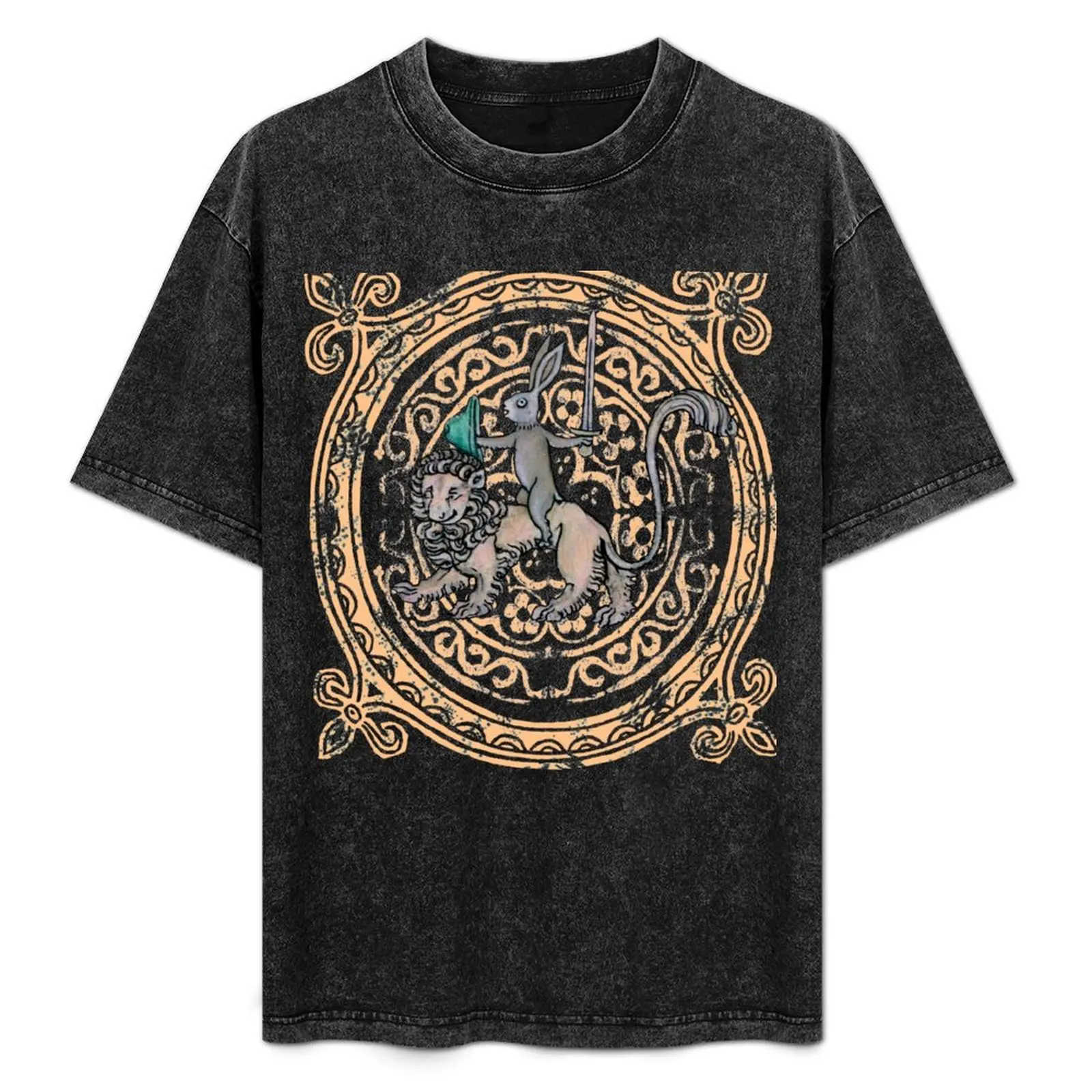 medieval rabbit rides lion with orange tile background T-Shirt topping cheap stuff customs design your own mens funny t shirts