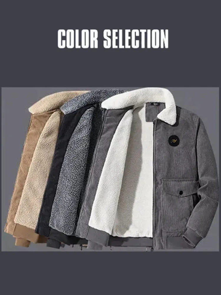 Men\'s Trend Business Casual Corduroy Thickened Cold Warm Windproof Solid Color Line Stand-Up Collar Zipper Jacket