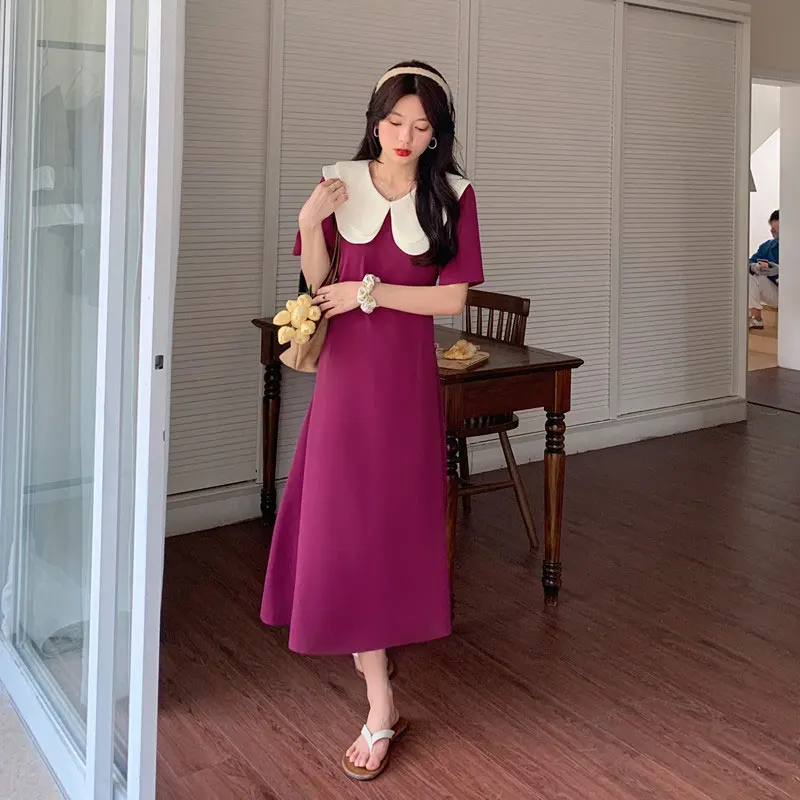 2022 Summer Women Fashion Midi Dresses Chic Korean Sweet Peter Pan Collar Lace Up Design Clothes Lady Long Dress Robe Vestidos