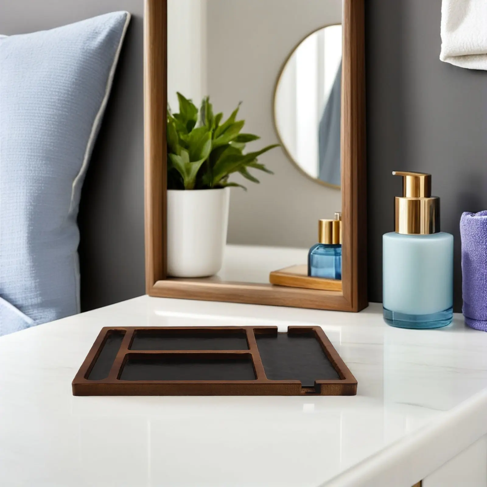 Divided Solid Wood Jewelry Tray Natural Finish Desk Organizer for Bedroom Nightstand Phone Keys Watch Sunglasses Storage view 6