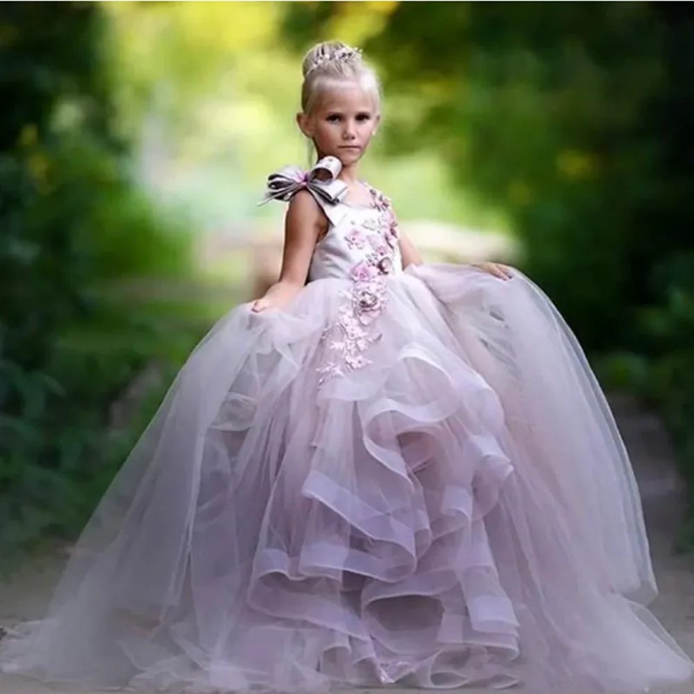 

Flower Girl Dress Tulle Beaded Applique Trailer Long Sleeve Wedding Luxury Little Flower Children Birthday Communion Party Dress