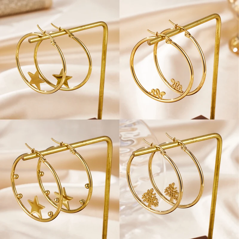 Nextvance Minimalist Star Snake Tree Hoop Earrings for Women Gold Plated Stainless Steel Statement Jewelry Gift Everyday Wear