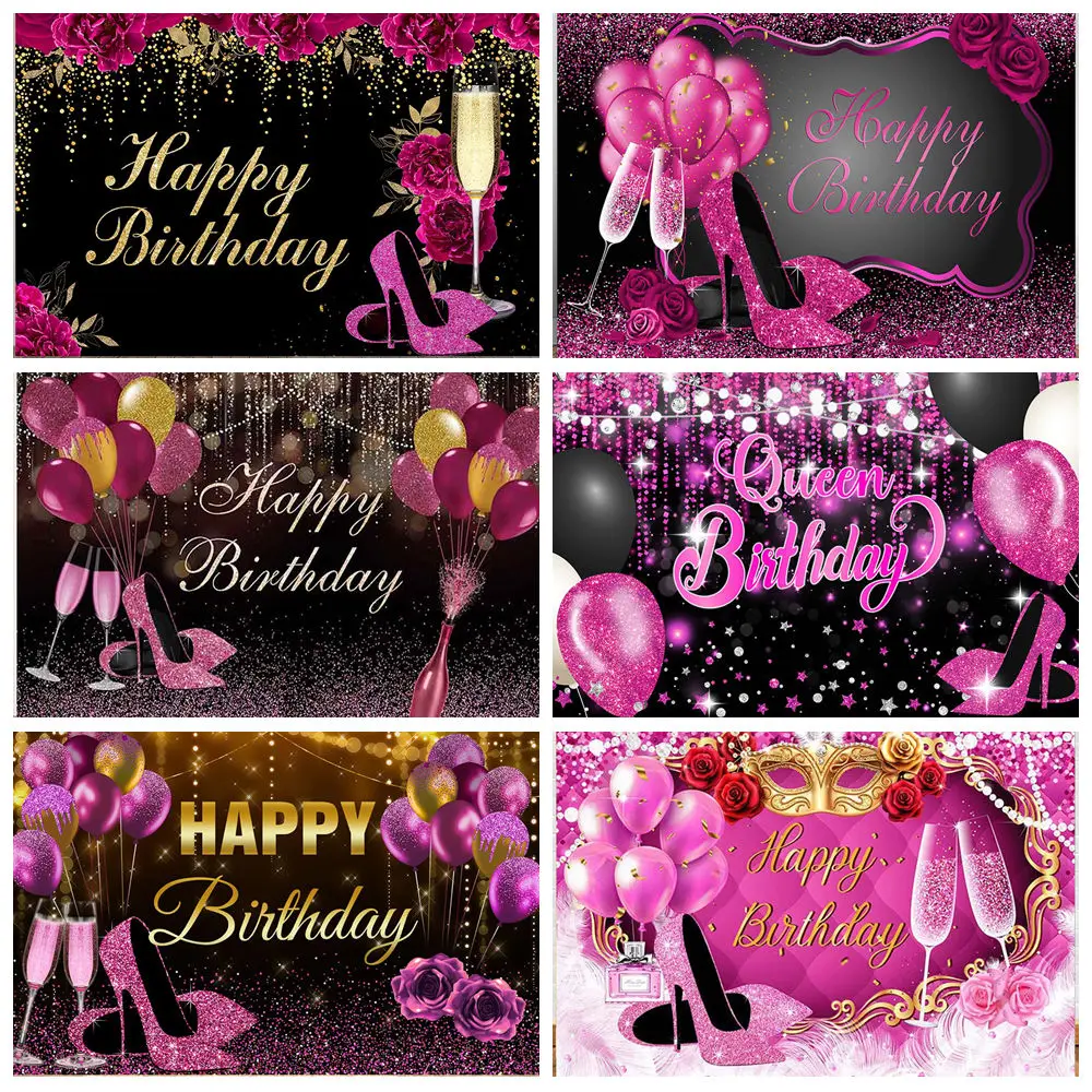 

Floral Birthday Backdrop Flowers High Heels Photography Background Glitter Women Birthday Decor Banner Cake Table Party Supplies