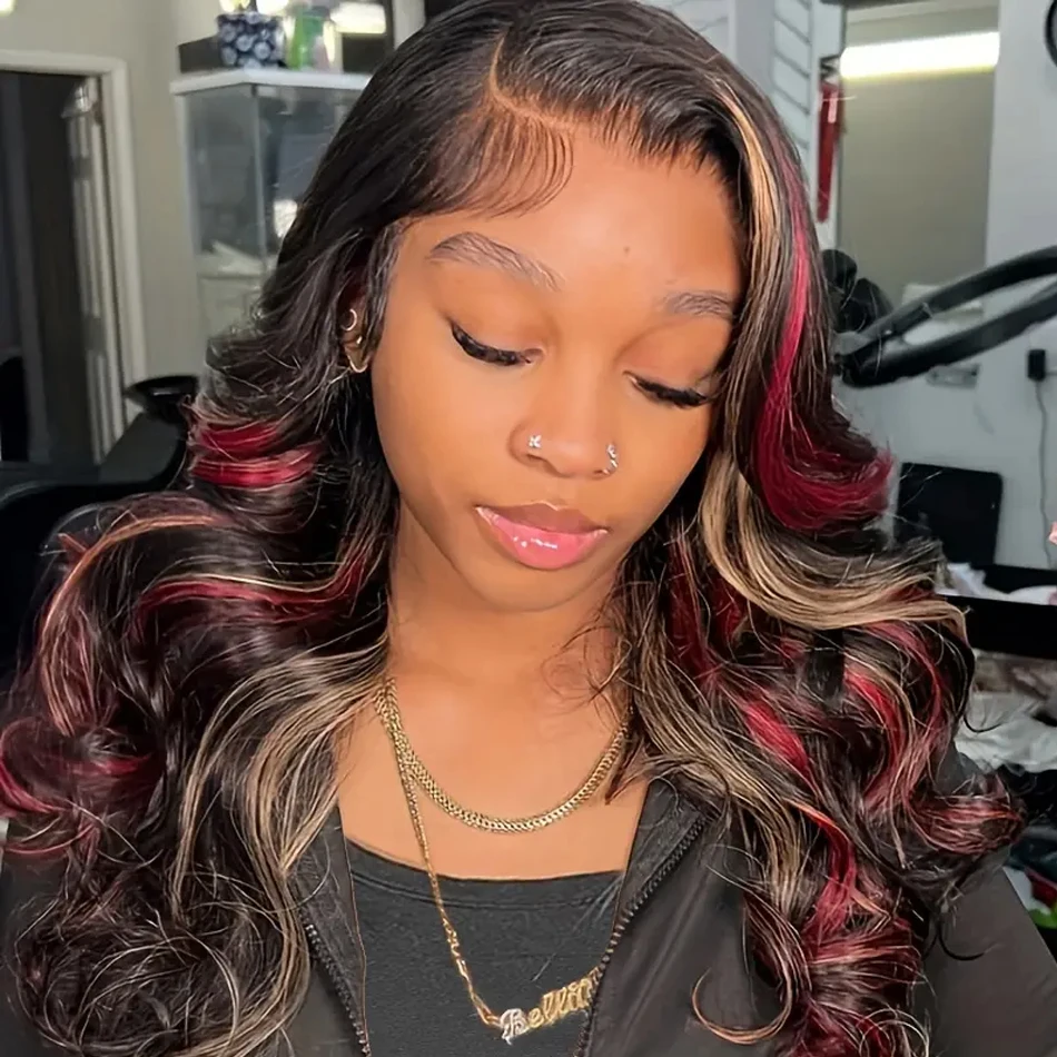 

Highlights Red Blonde Colored Body Wave 13x4 Transparent Lace Frontal Wig Human Hair Wigs PrePlucked Wig For Women