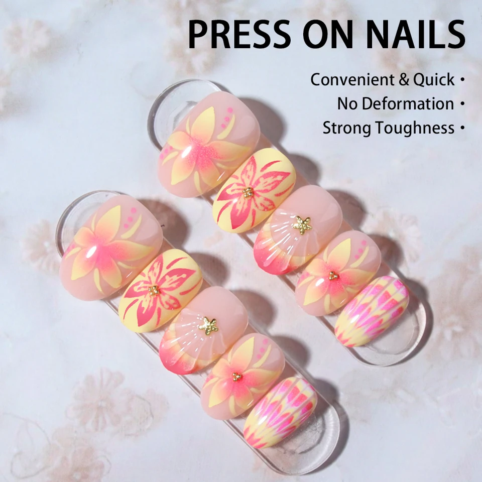 24 piezas uñas postizas ovaladas cortas 3D con flores de perla, estilo francés acrílico 5