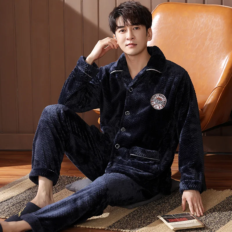 Newest M-4XL Men Pajamas Set Winter Thick Warm Flannel Pyjama Male Long Sleeve Sleepwear Turn-down Collar Pyjama