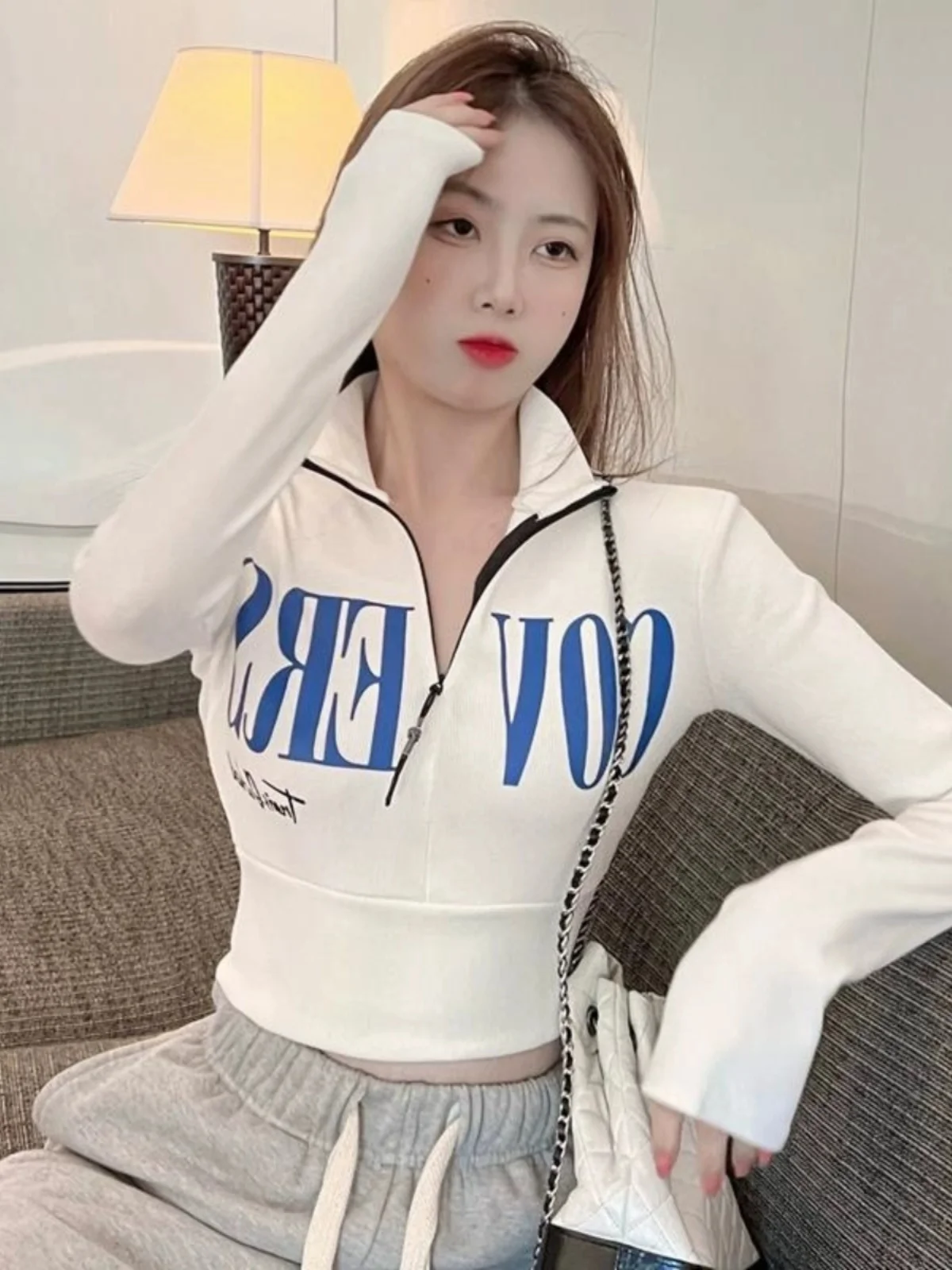 Slim Fit Long Sve  Ne T-irt Women's Faionable ort Sle Korean Version Printed Thin Autumn New Design Sensual