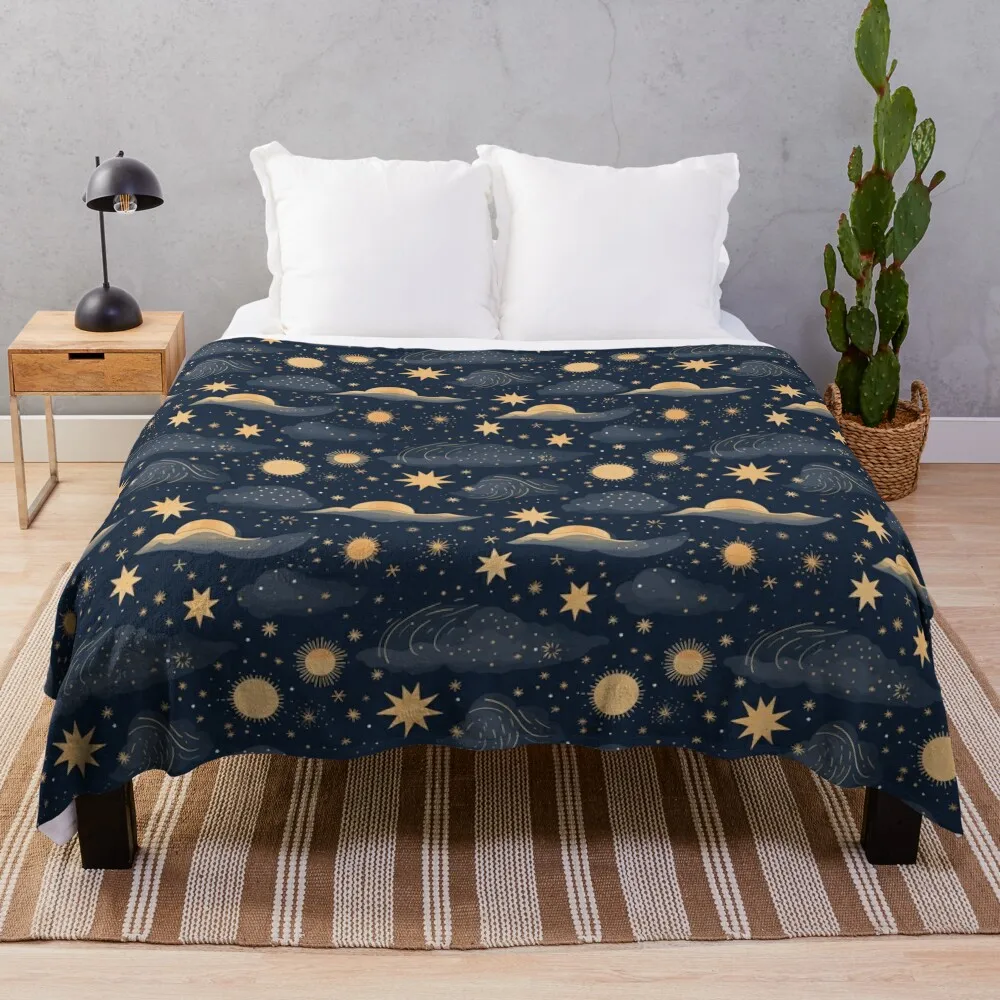 

Whimsical Celestial Pattern With Moon, Clouds and Stars Throw Blanket Blankets For Baby Beautifuls funny gift Blankets