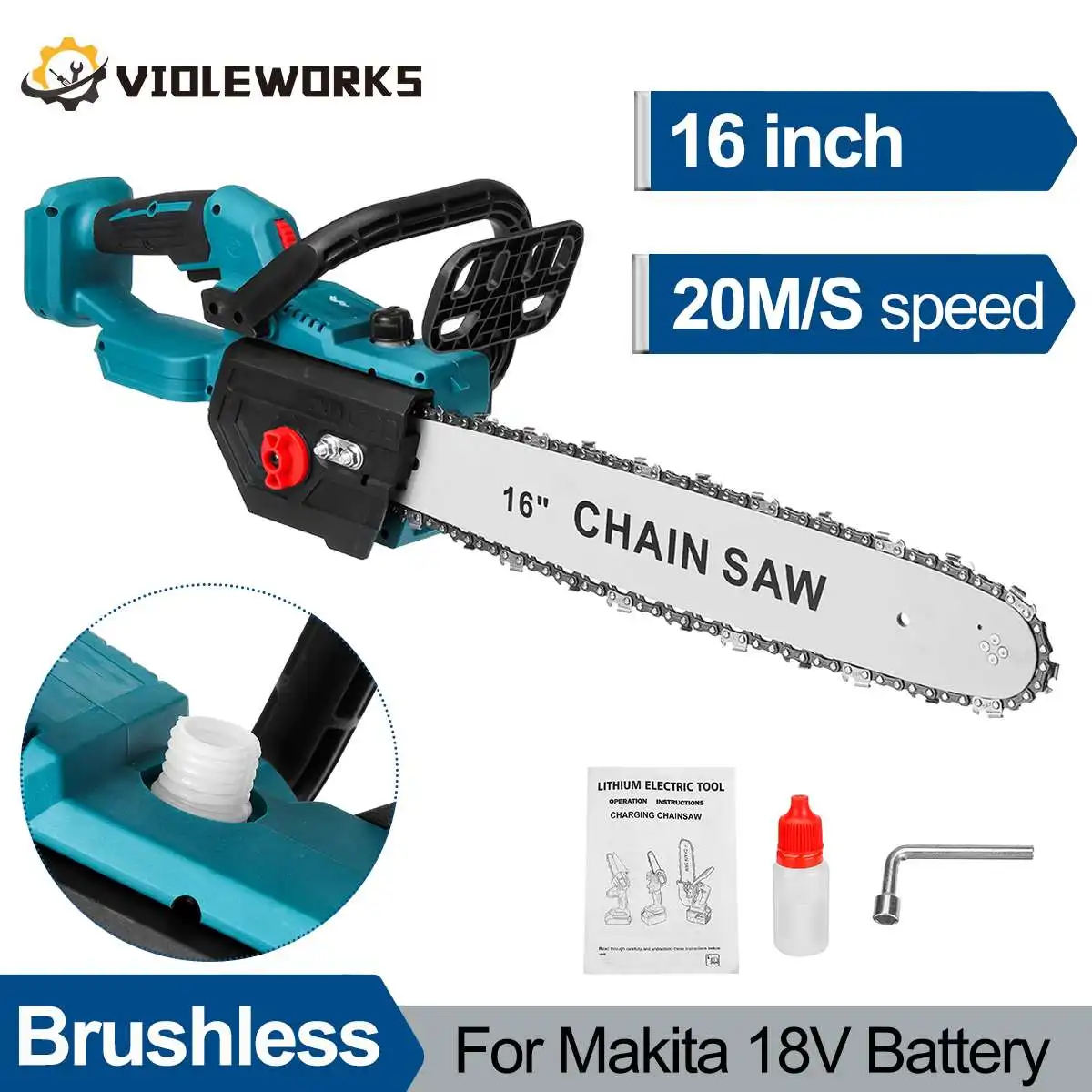 6000W Brushless 16Inch Electric Chainsaw Cordless Pruning Woodworking Power Tool Handheld Branches Cutter For Makita 18V Battery