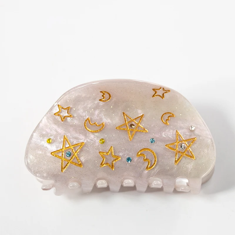 Moon five-pointed star hair clip with gold thread and colorful decorations; new diamond product; acrylic green powder hair clip view 5
