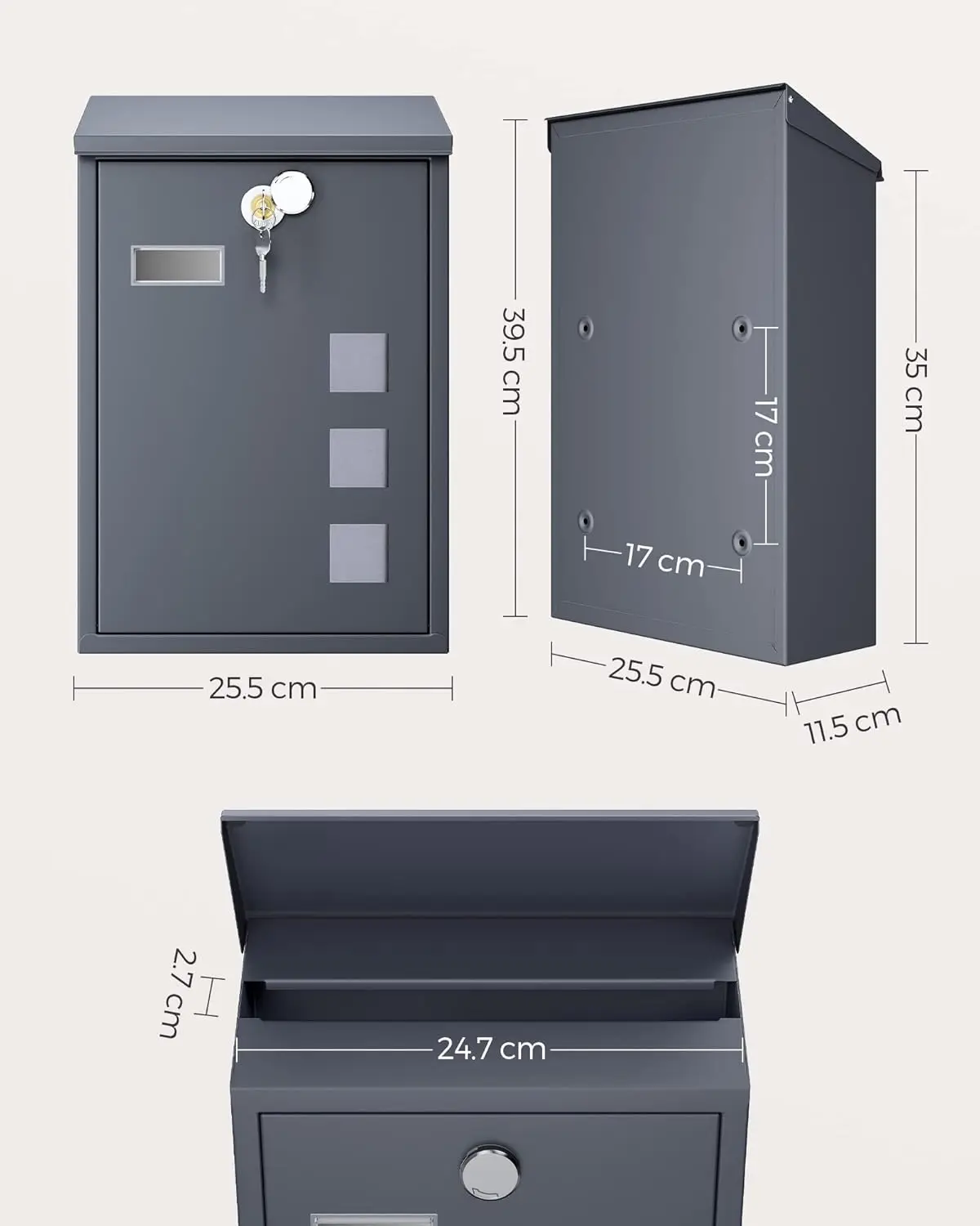 SONGMICS Post Box, Wall Mounted Letterbox, Mailbox, Copper Lock Cylinder with Swivel Cap, Viewing Windows, Nameplate