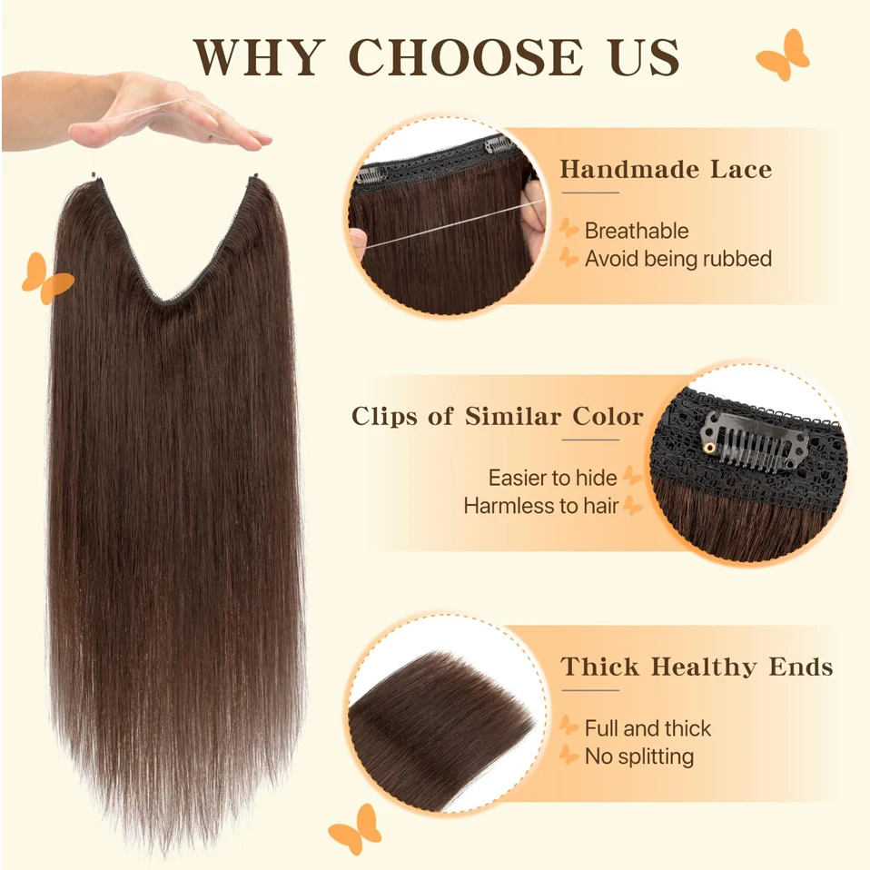 TESS Wire Hair Extensions Invisible Straight Wire Remy Human Hair Extensions with Transparent Line Clip In Hair Weft For Women