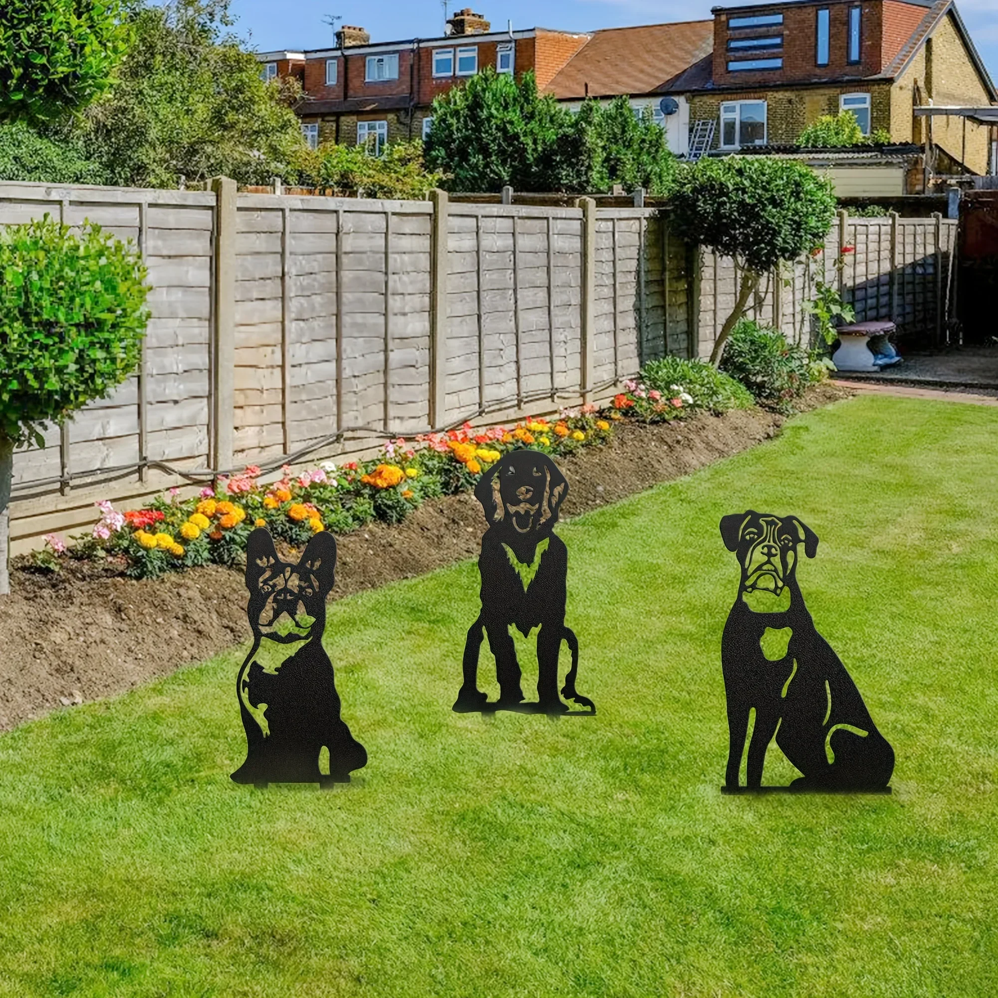 metal iron Dog Metal Art Garden Statues French Bulldog/Doberman Pinscher Backyard Lawn Stakes, Festival Decorations Yard Garden