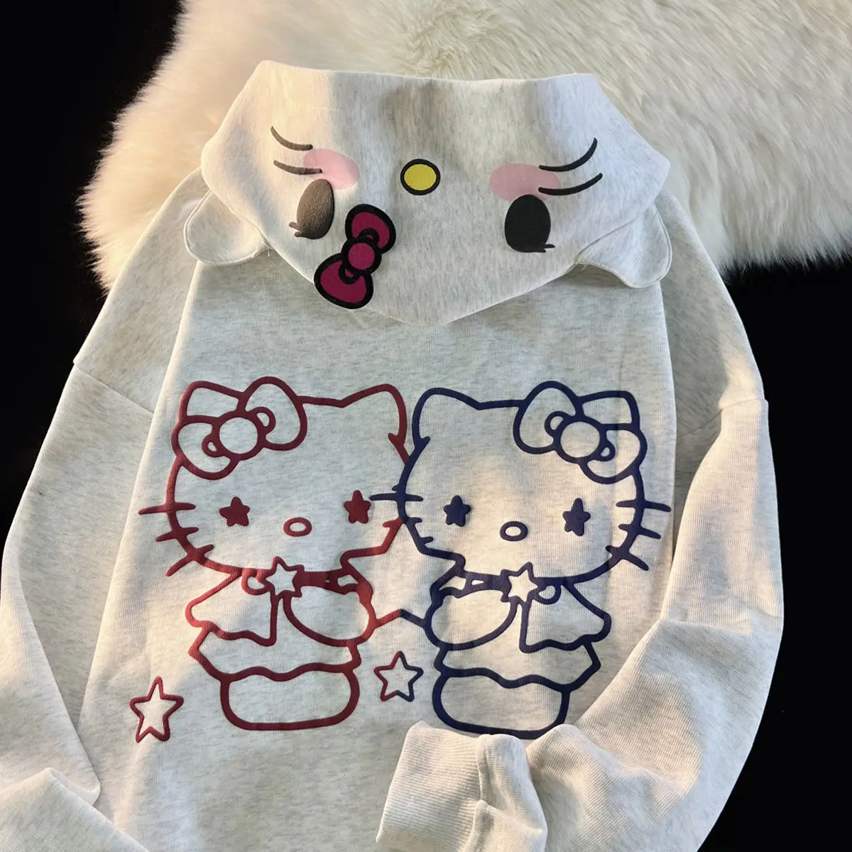 Sanrio Kawaii Hello Kitty New Cute Cartoon Hooded Sweater Women\'s Autumn Winter Loose Student Cardigan Jacket Birthday Gift