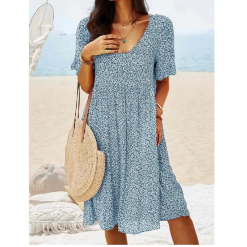 2024 Summer Lady Loose Floral Print Big Swing Dress Fashion Boho V Neck Short Sleeve Pullover A-Line Midi Dress Vestido Elegante