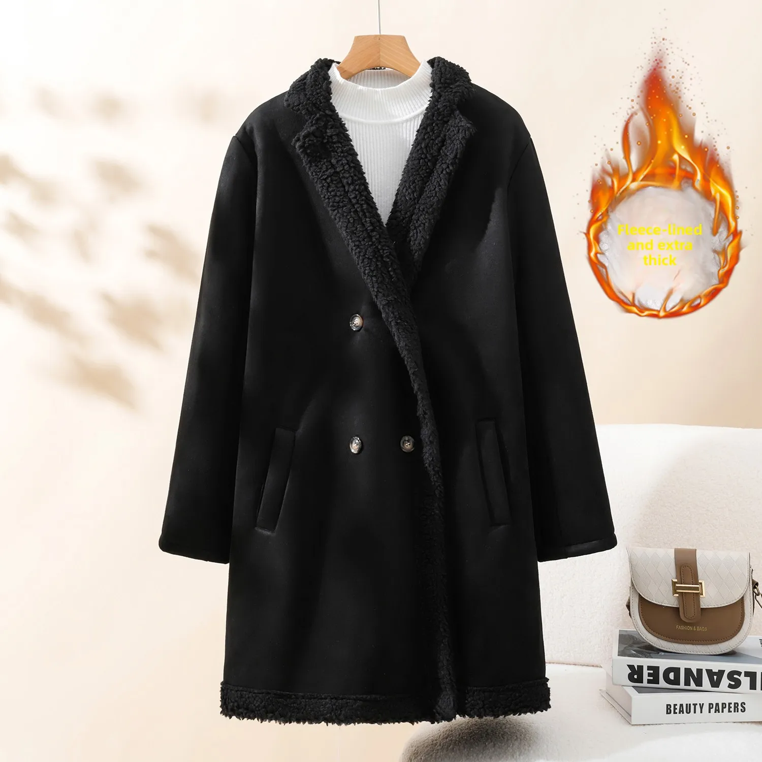 패셔너블 캐주얼 스웨이드 코트 울 중간 길이 칼라 여성 코트 테니드 롱 슬리브 출퇴근용 겨울 신상품