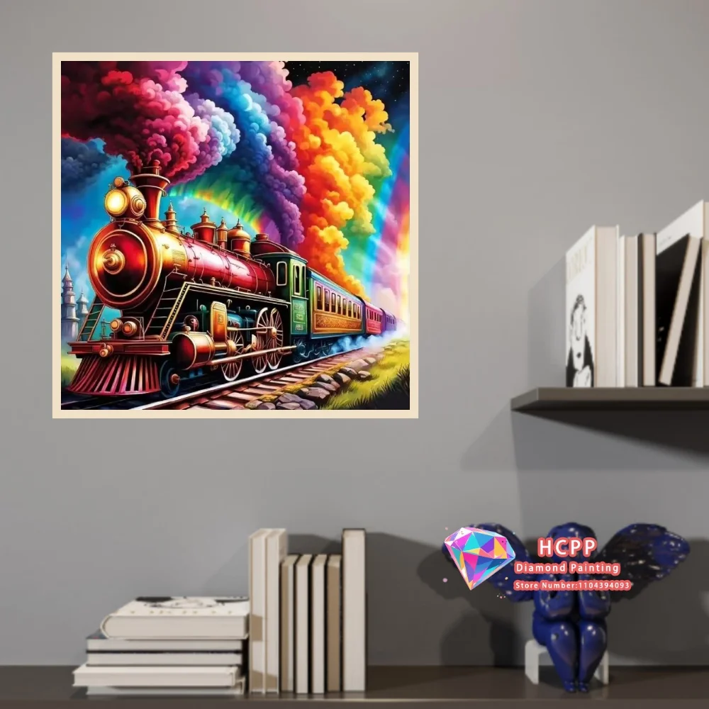 Steam Train Rainbow Smoke Sky 5D DIY Diamond Painting Set with Square and Round Diamonds Handmade Crafts Home Decor Gifts