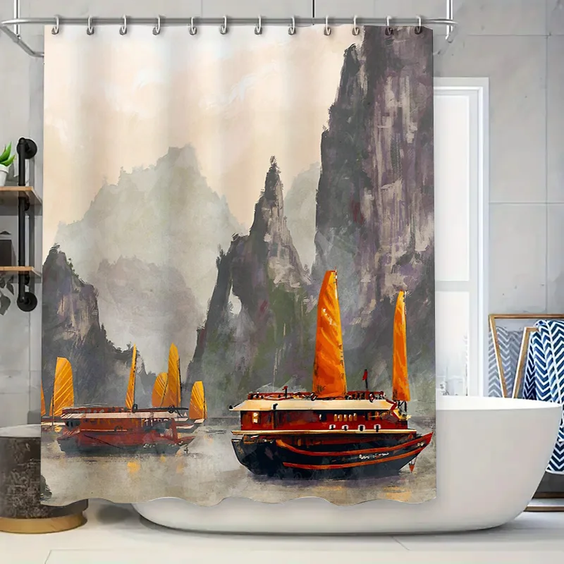 

Китайский пейзаж без рамы, занавеска для душа в виде лодки, винтажный тематический декор для ванной комнаты с океаном, художественный фон для парусника, моющийся водонепроницаемый