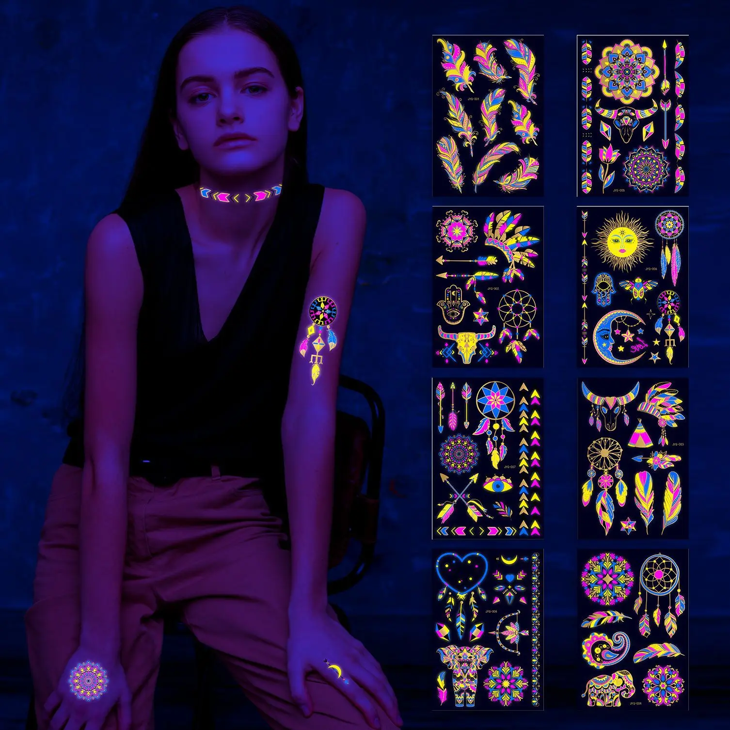 Autocollants de tatouage fluorescents, 8 pièces, UV néon, brillent dans la nuit, pour le corps, le visage, le bras, imperméables, accessoires de fête