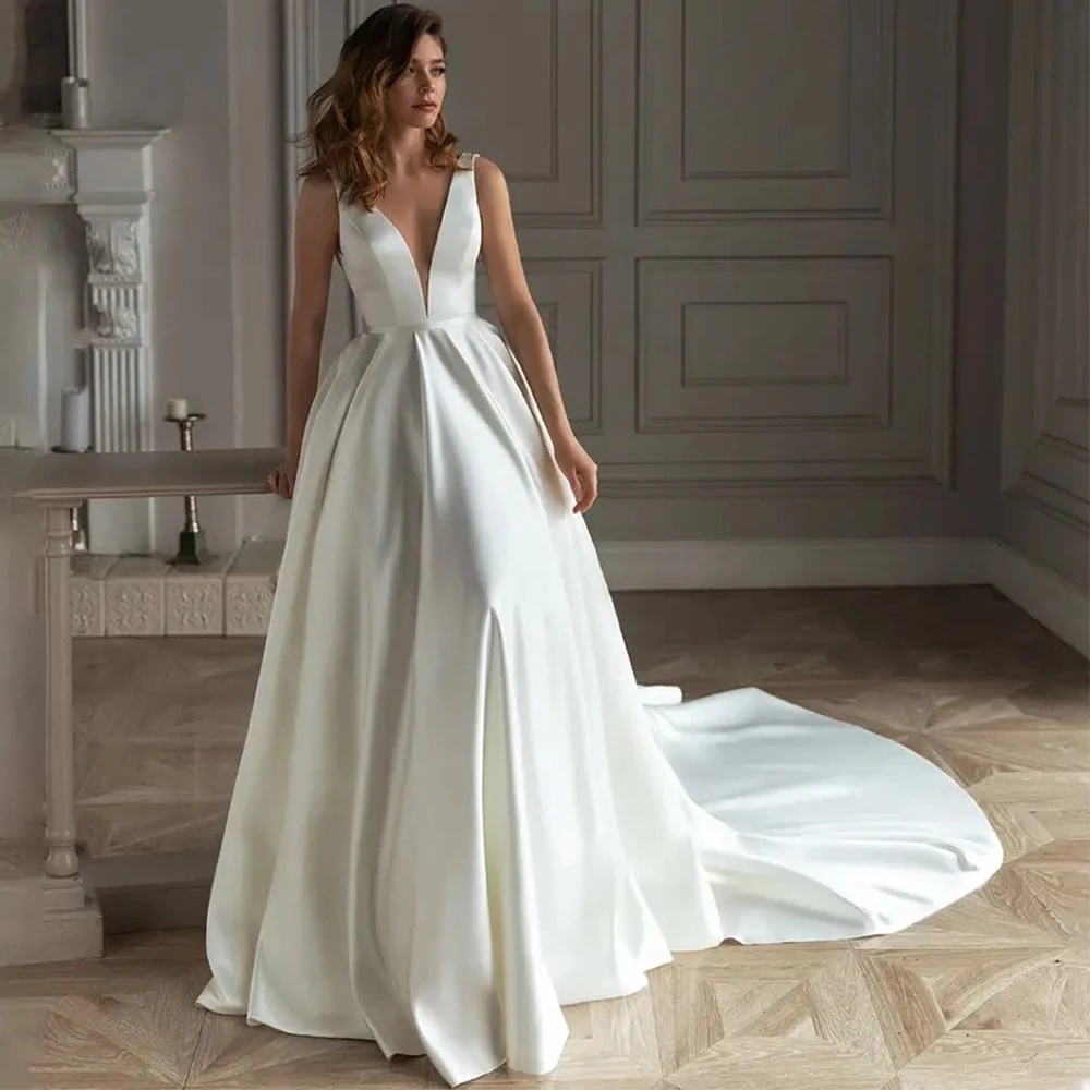 

Simple Sleeveless Wedding Dress Sexy Deep V-Neck and Open Back A-Line Satin Bridal Floor Length with Sweep Train Belt Gowns