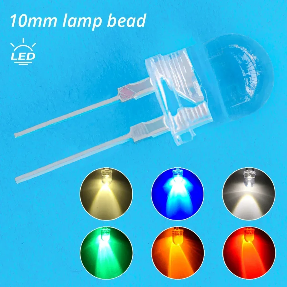 50Pcs 10mm White Red Green Blue Yellow Diode Led Round 0.5W Power Light 3.2~3.6V LED Lamp Bead Light-emitting Diodes 30KMCD Bulb