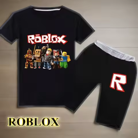 Roblox Summer Cartoon Print Kids' T-Shirt And Shorts Set - Fashion Leisure Sports Top with Short Sleeves for Children's Birthday