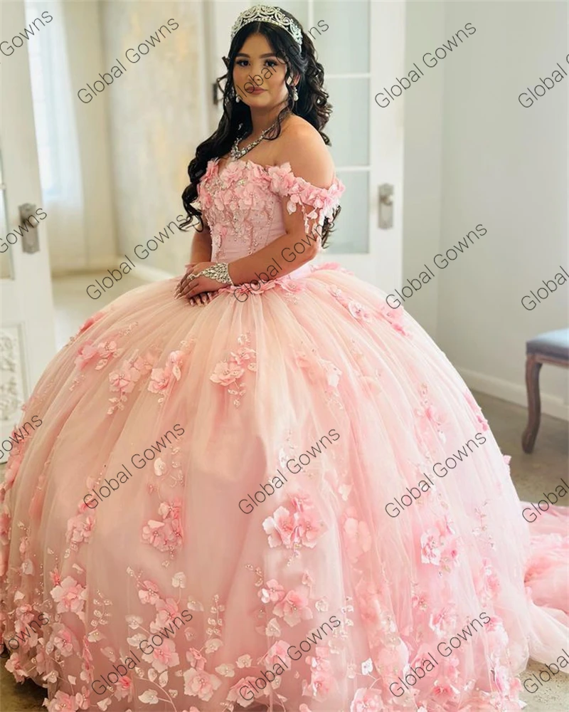 ชุดชุดไปงานเต้นรำ Quinceanera เปิดไหล่สำหรับเด็กผู้หญิงชุดเดรสสีชมพูประดับลูกปัดสำหรับงานเลี้ยงวันเกิดชุดผูกเชือกด้านหลัง3D ดอกไม้