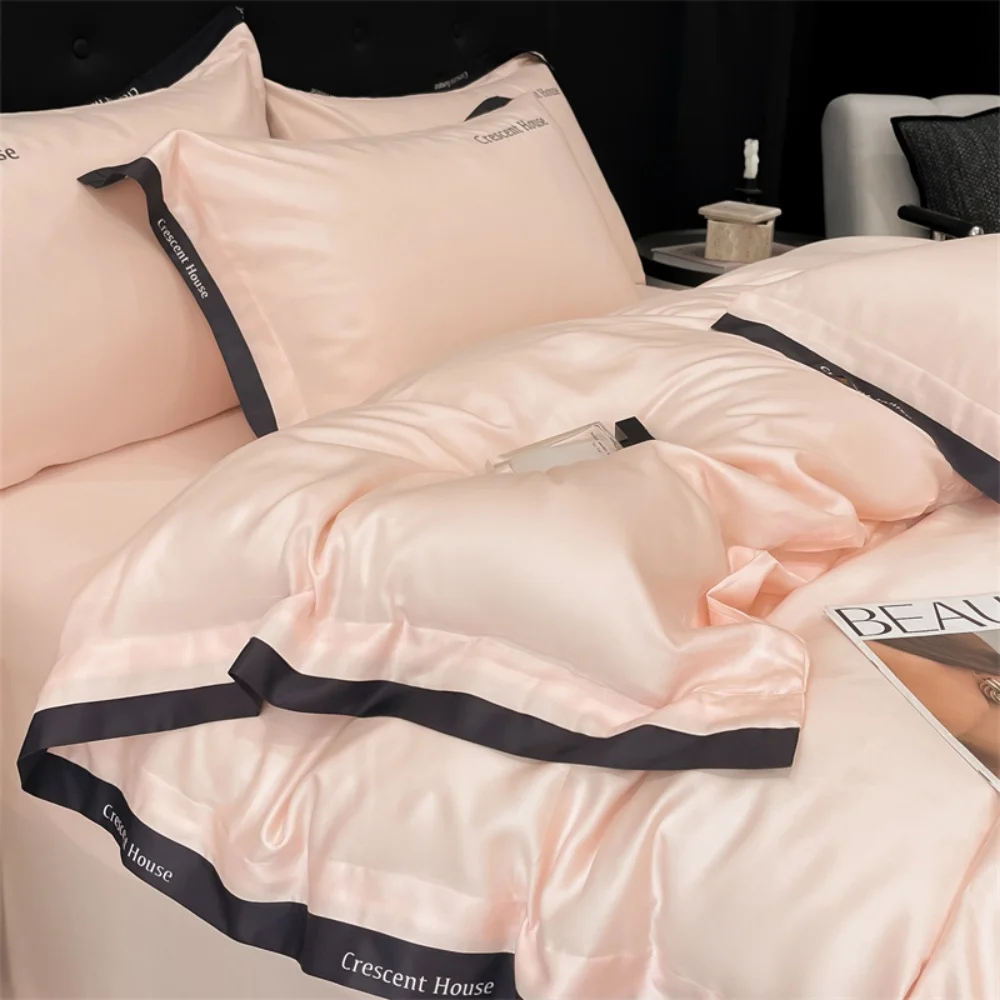 

Light Luxury Embroidery Four-Piece Set Simple Washed Ice Silk Smooth Sleeping Naked Summer Duvet Cover Set Bed Sheet Bedding Set