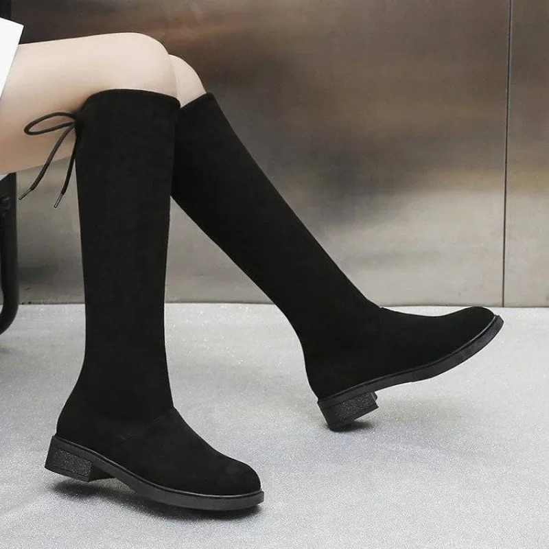 British Style Women Boots Knee High Flock 2024 New Winter Fashion Winter Plush Round Head Stretch Boots Square Heel  Women Shoes