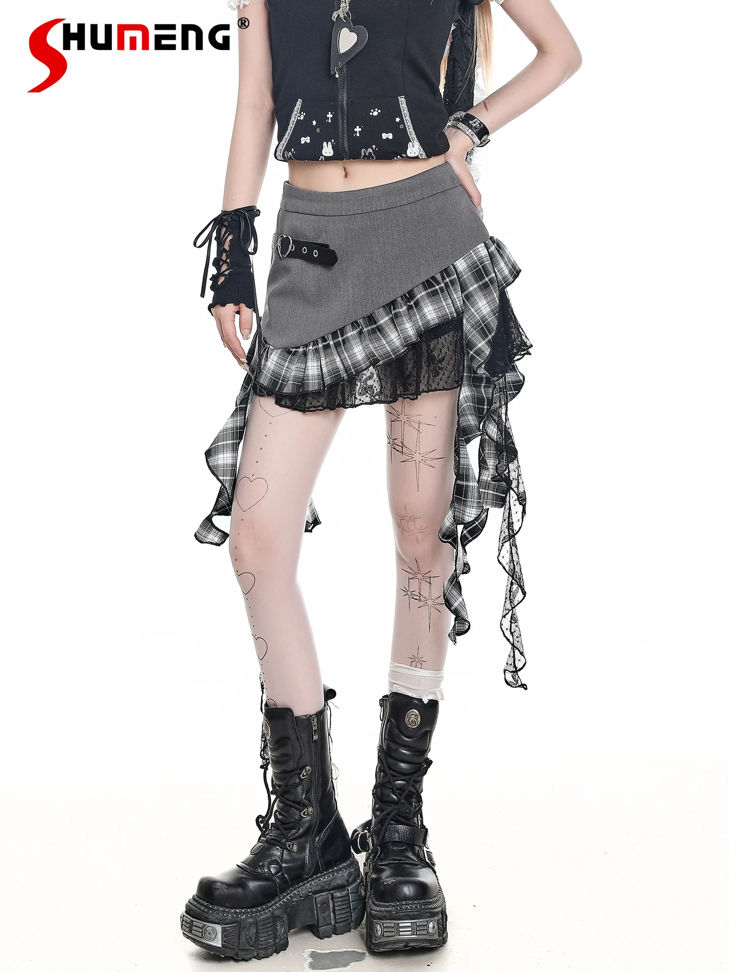 

American Fashion Retro Sweet Cool Patchwork Irregular Plaid Skirts High Waist Heart Buckle Versatile Short Skirt Women Summer