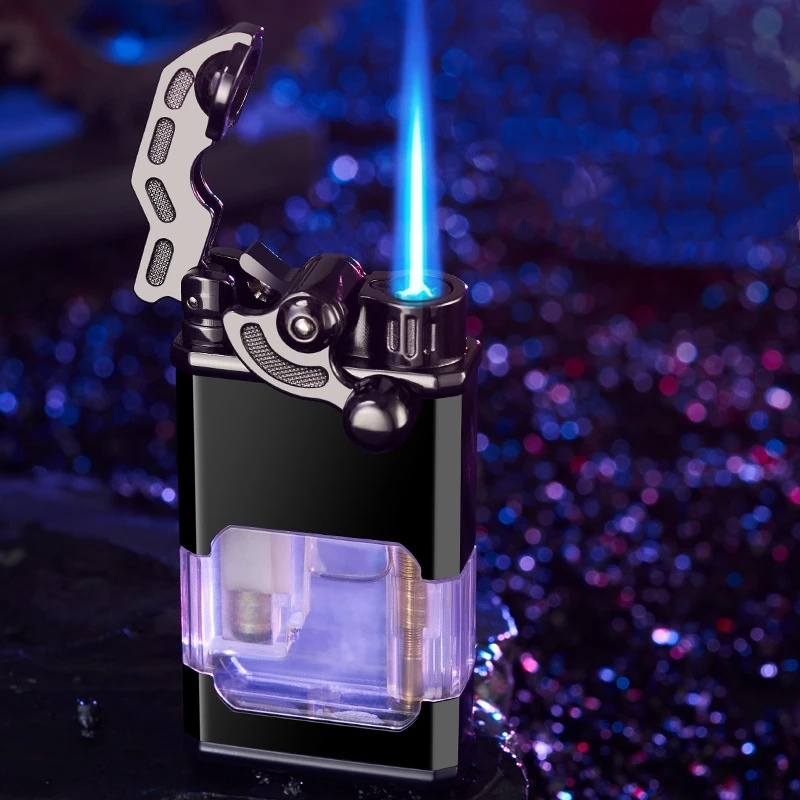 

Metal Rocker Arm Luminous Butane Gas Torch Lighter Transparent Gas Window Windproof Jet Blue Flame Cigar Lighters Smoking Gadget