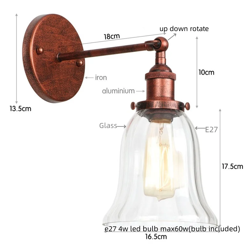 IWHD Loft Clear Glass Rustic LED Wall Light Fixtures Reading Dining Living Room Decor Industrial Style Iron Bathroom Wall Lamp