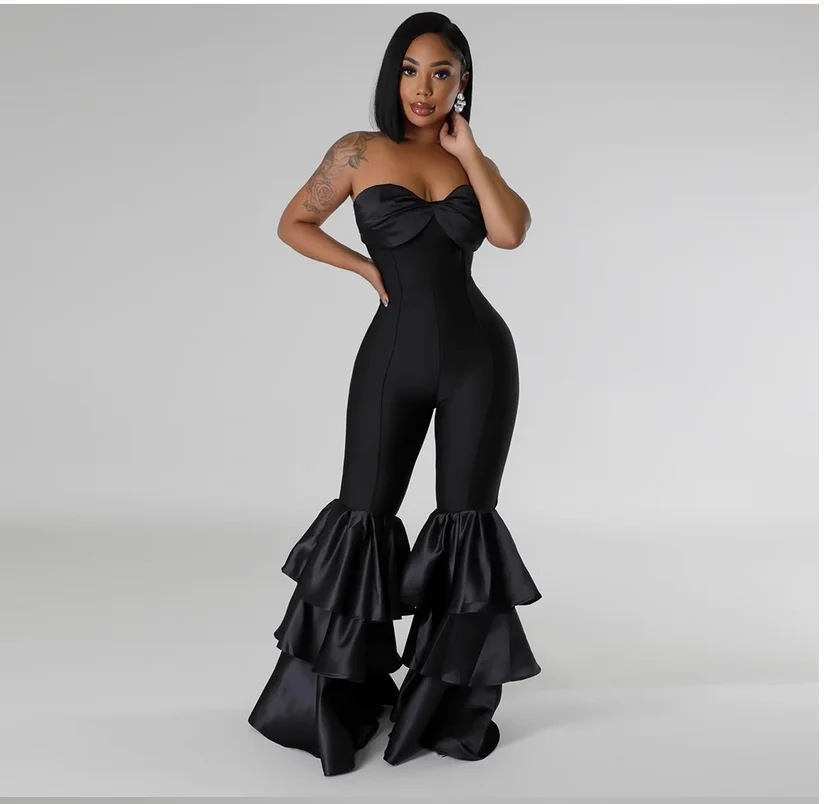 

French black fashionable sexy strapless jumpsuit women's summer slimming pleated flared pants