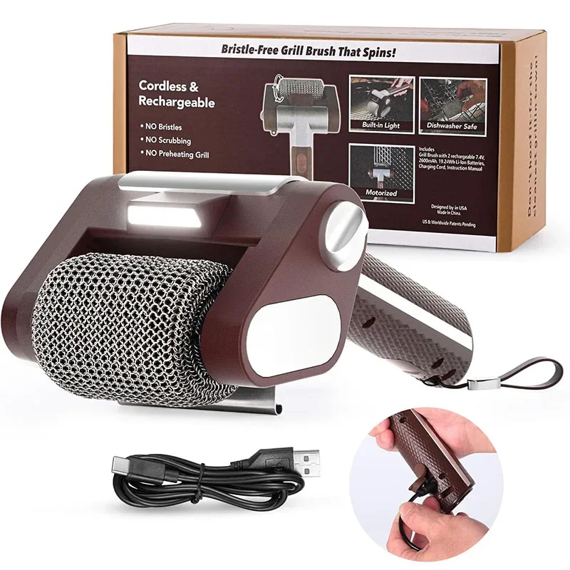 Bristle-Free Spinning Grill Brush Electric Rechargeable BBQ Grill Brush with 350 RPM Stainless Roller Grill Cleaning Brush