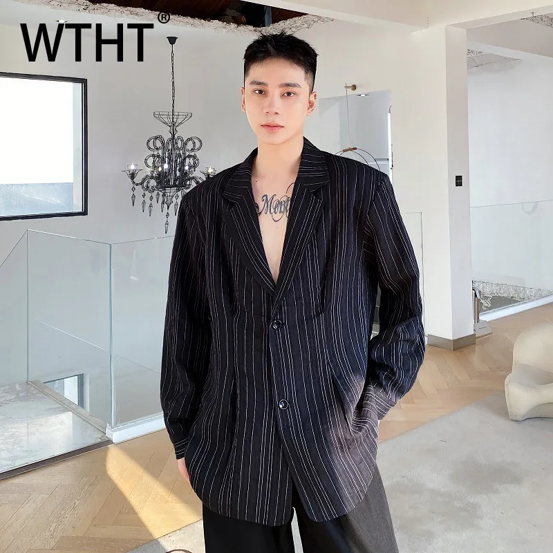 

WTHT Fashion Men's Striped Irregular Design Blazer Coats Trendy Double Buckle Turn Down Collar Jackets Male 2026 Summer 2A2910