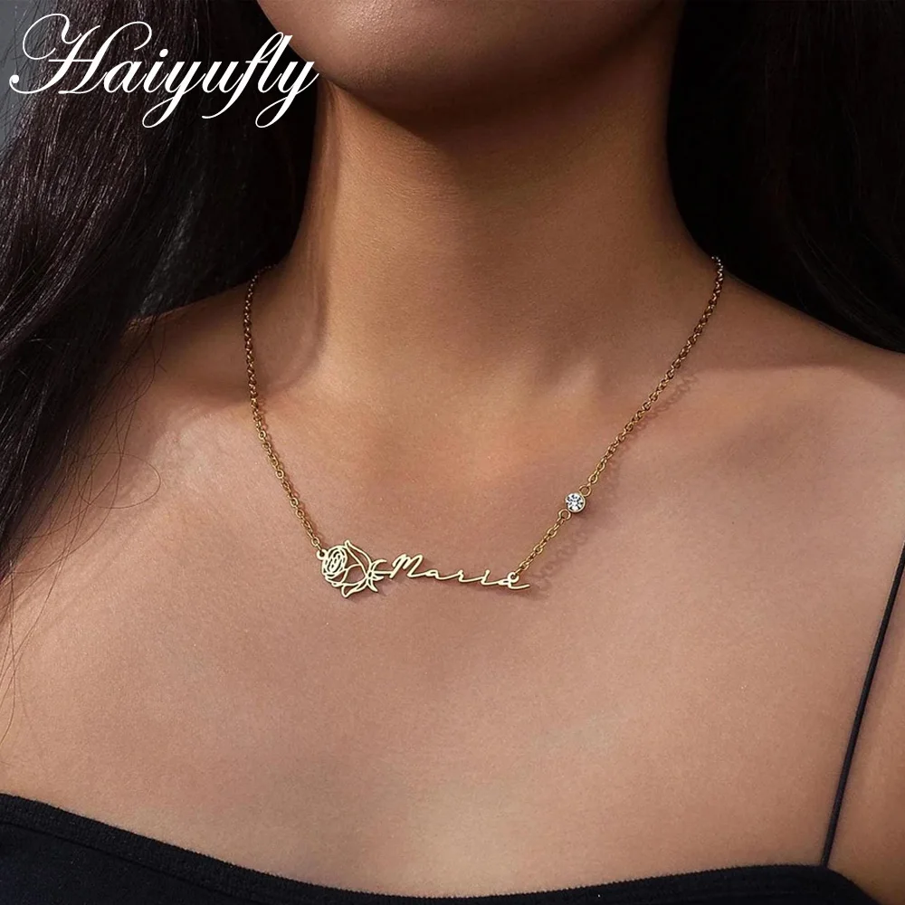 Haiyufly Personalized Custom Name Necklace for Women Birth Flower Stainless Steel Birthstone Nameplate Choker Chain Jewelry Gift