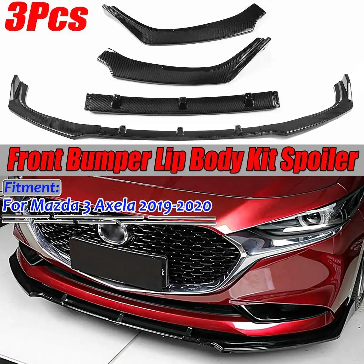 

Carbon Fiber Look/Black 3 Piece Car Front Bumper Splitter Lip Spoiler Diffuser Guard Protector Cover For Mazda 3 Axela 2019-2020