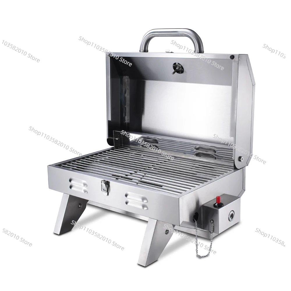 Portable Stainless steel gas BBQ Grill With Lid Barbecue Grill Stove With Stainless Steel Cover Gas Grill Net Fast Heating