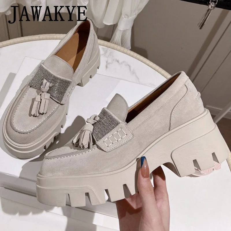 JAWAKYE piattaforma in pelle scamosciata aumentare scarpe donna Slip on punta tonda suola spessa nappe mocassini scarpe Casual scarpe retrò per le