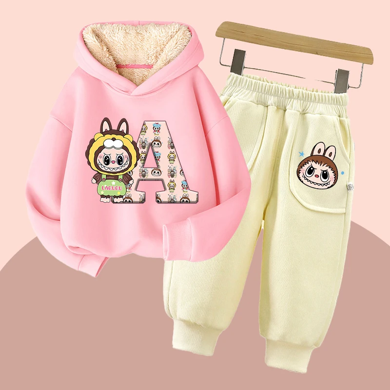 

Детские толстовки с капюшоном и штанами, комплект из 2 предметов Labubu, толстовки с капюшоном и принтом аниме, зимний теплый детский спортивный костюм, комплект детской одежды, подарок